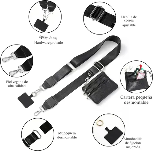 Miniatura 5 de Soporte cruzado para teléfono para mujer, nueva correa de teléfono con bolsa con cremallera, correa cruzada ajustable Negro