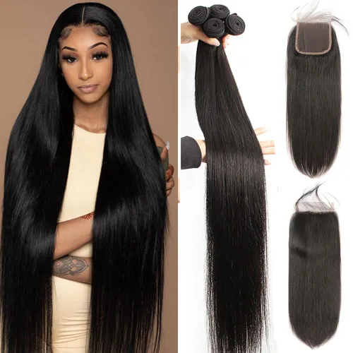 Miniatura 18 de YISEA Paquetes de cabello humano liso con cierre de encaje (12 14 16+10 cierre) Paquetes de cabello humano 3 con cierre de encaje 4x4 100%