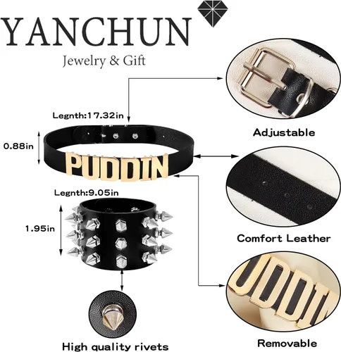 Miniatura 4 de YANCHUN Gargantilla Puddin para mujer, pulsera de cuero con pinchos, accesorios de disfraz de Halloween