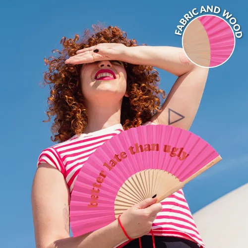 Miniatura 4 de Fisura Ventilador plegable original, mejor tarde que feo, abanicos de mano de madera para mujeres plegables - Diseño rosa y rojo para raves
