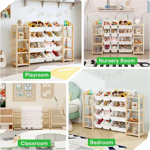 Miniatura 6 de MallBest Organizador de almacenamiento de juguetes extra ancho con 12 contenedores y estantes dobles, estante de madera de pino maciza para niños