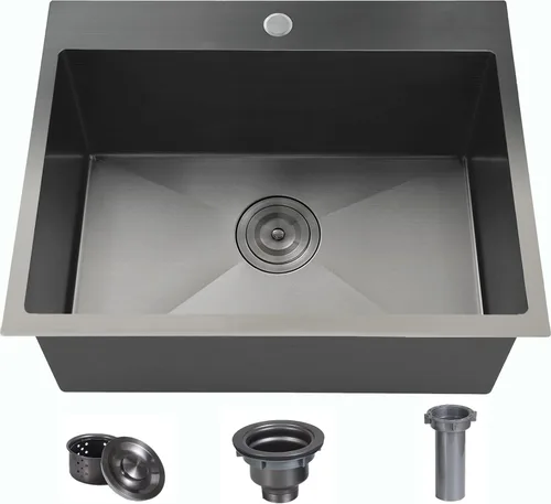 22x18 Pulgadas Fregadero de Cocina Gunmetal Negro de Montaje Superior, Fregadero de Barra de Cocina RV de 16 Calibre, Fregadero de Barra Húmeda de