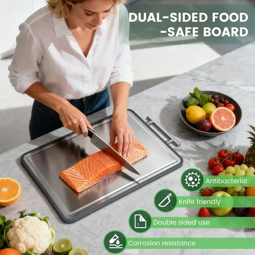 Miniatura 6 de Tabla de cortar pequeña de acero inoxidable de 8 x 10 pulgadas, tabla de cortar de acero de doble cara para cocina, paja de acero y trigo, tabla