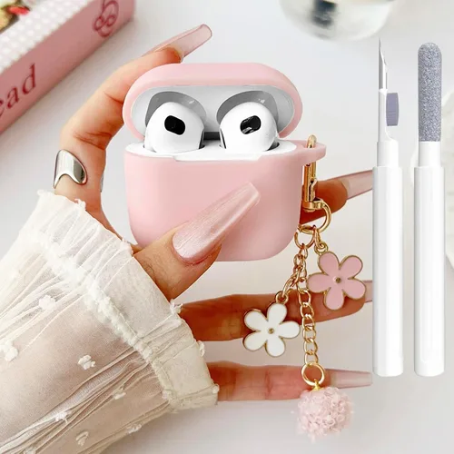 Miniatura 30 de Bonita funda negra para Airpods de 2ª/1ª generación para niñas y mujeres, con llavero de pompón de flores y kit de limpieza, funda protectora tipo