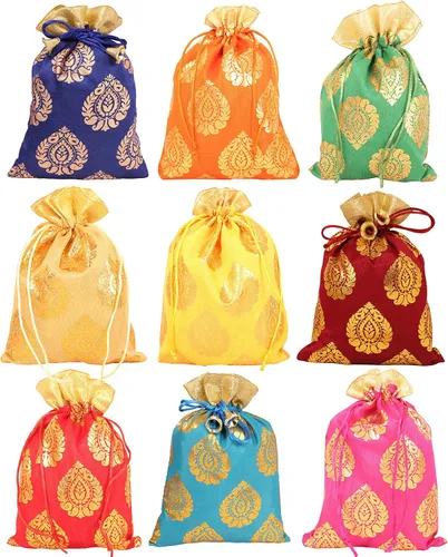 Miniatura 43 de Touchstone Preciosas bolsas de regalo reutilizables, respetuosas con el medio ambiente, brocado de cachemira con cordón grande para cumpleaños