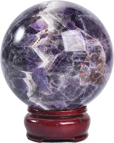 Miniatura 14 de JIC Gem Esfera grande de cristal Chevron de amatista con cristales curativos de curación con soporte de madera para meditación y decoración