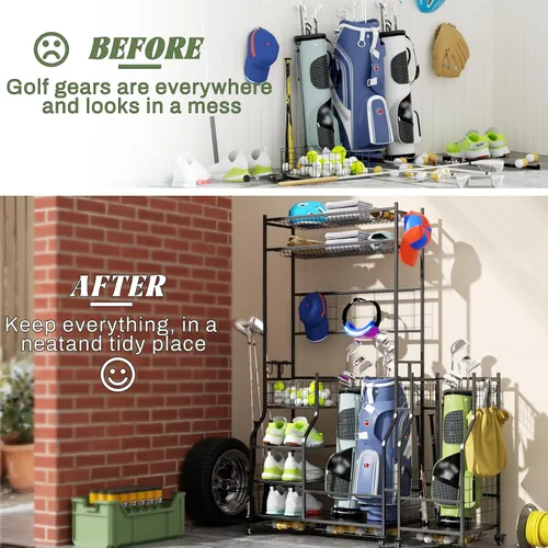 Miniatura 2 de ROOMTEC Organizador de almacenamiento de bolsas de golf, estante de almacenamiento de bolsas de golf para garaje, estante de almacenamiento
