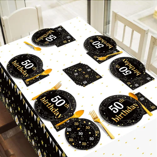 Miniatura 7 de Suministros para fiesta de cumpleaños de 50 años, platos, servilletas, manteles para hombres de 50 años, decoraciones de cumpleaños de 50 años