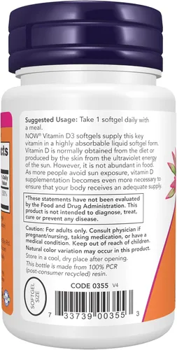 Miniatura 3 de NOW Foods Suplementos, Vitamina D-3 2,000 UI, Alta Potencia, Soporte Estructural*, 30 Cápsulas Blandas