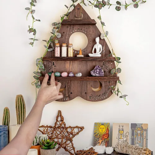 Miniatura 2 de Estante de pared de cristal ANROYE para piedra, arte de soporte de cristal pagano vintage con luz, almacenamiento de gemas de madera wiccana