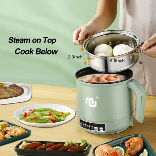 Miniatura 2 de Mini olla caliente inteligente con temporizador y apagado automático 1.2L antiadherente rápido cocina de fideos con cesta de vapor de acero