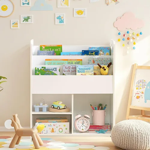 Miniatura 8 de VECELO Estantería para niños, 2 en 1 con estantes y 3 cubos de diferentes tamaños, organizador de madera para almacenamiento de juguetes para Blanco