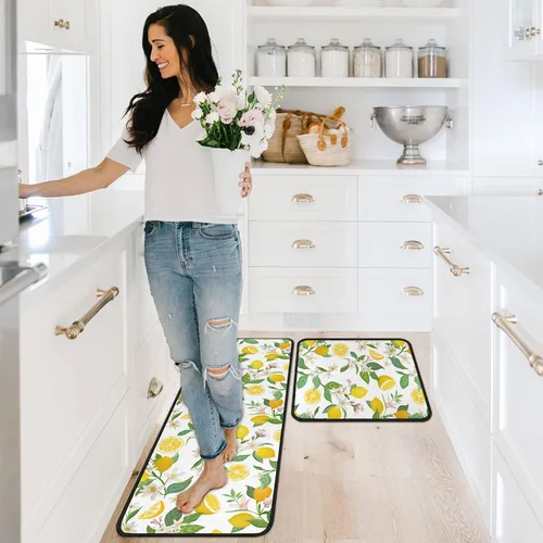 Miniatura 4 de Lemon - Juego de 2 alfombras y tapetes de cocina de microfibra antideslizantes, lavables, absorbentes para el piso, juego de 2 tapetes de cocina