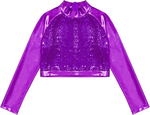 Miniatura 3 de Lorilida Camiseta corta de manga larga metálica para niñas y niñas, cuello alto, con brillantina, leotardo de ballet para gimnasia, rendimiento