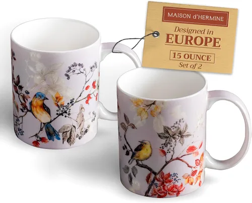 Miniatura 16 de Maison d' Hermine Taza de café con asas, tazas de porcelana fina de hueso, paquete de dos tazas de té para bebidas calientes, capuchino, latte, 015