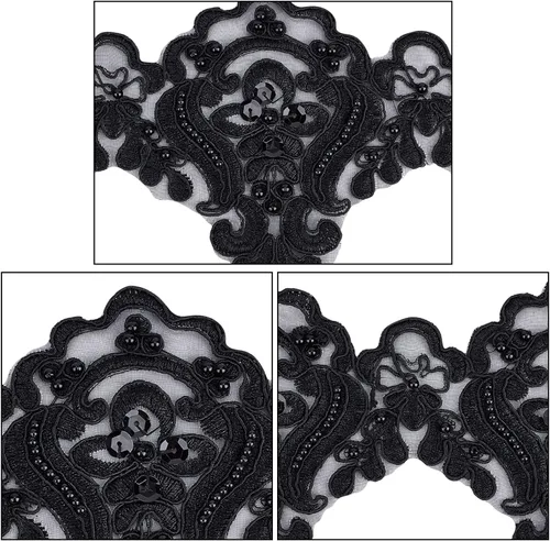 Miniatura 6 de GORGECRAFT 3 yardas y 5 pulgadas de encaje negro Venecia bordado inelástico bordado festoneado cinta de flores bordadas de cuentas patrón de ondas