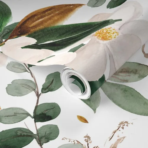 Miniatura 2 de Muestra de papel tapiz extraíble - Magnolias florales doradas flores blancas papel pintado prepegado personalizado por Spoonflower