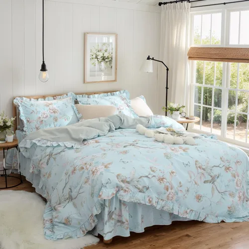 Miniatura 17 de FADFAY Juego de ropa de cama floral estilo campestre francés con estampado de pájaros azules, colección de faldas de cama, 800 hilos por pulgada