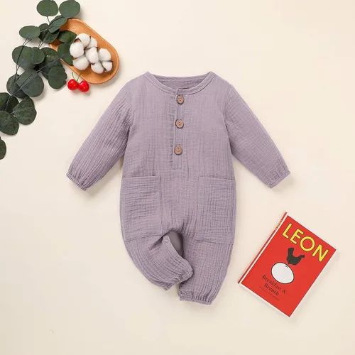 Miniatura 2 de Ropa de bebé con bolsillos, trajes de algodón para niña, mameluco de lino para niñas (morado, 3-6 meses)