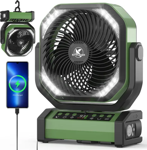 Miniatura 9 de KITWLEMEN - Ventilador de camping con luz - Ventilador recargable de 20,000 mAh con batería, tiempo máximo de funcionamiento de 60 horas, 4