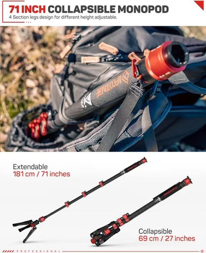 Miniatura 4 de IFOOTAGE Monopod profesional de 71 pulgadas y placa de liberación rápida, monopie de fibra de carbono para cámaras DSLR, cámara de viaje portátil