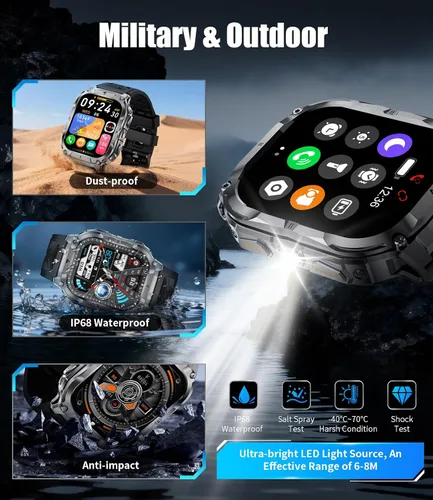 Miniatura 5 de Reloj inteligente militar 2.0" para hombre con linterna, hacer/responder llamadas, 1000 mAh, IP68 impermeable, más de 100 modos deportivos
