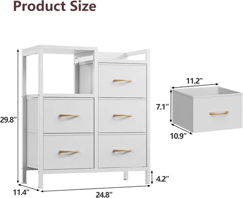 Miniatura 3 de Furnulem Cómoda blanca de 5 cajones para dormitorio, estante de 2 niveles, cómoda de tela pequeña para armario, marco de metal resistente, gabinetes