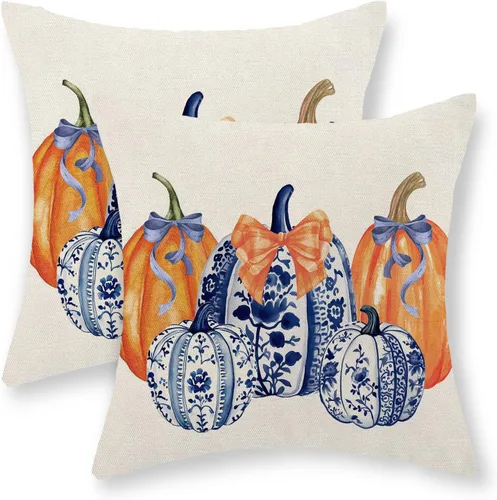 Miniatura 16 de Juego de 2 fundas de almohada de otoño de 16 x 16 pulgadas, diseño de calabaza azul y naranja, decoración de Acción de Gracias, decoración de otoño