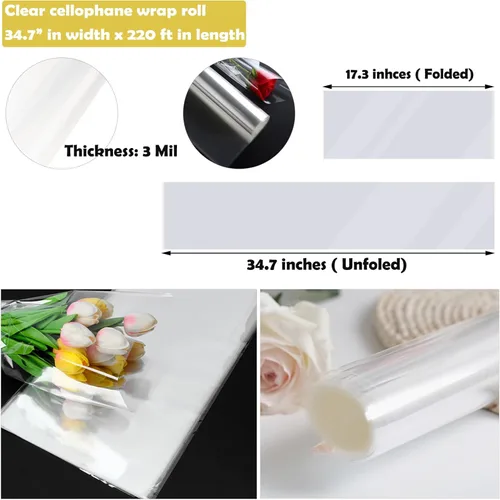 Miniatura 2 de GcFoir Rollo de celofán transparente de 34.5 pulgadas de ancho x 220 pies de largo, 3 mil de grosor de plástico transparente para cestas de regalo
