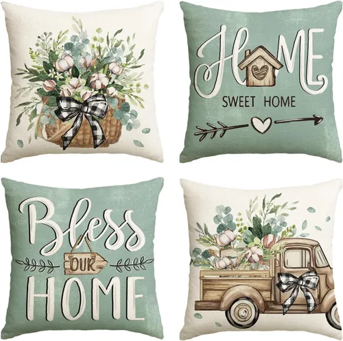 AVOIN colorlife - Fundas de cojín estilo granja con mensaje Bless Our Home, diseño de hojas de eucalipto y camión azul Home Sweet Home, 16 x 16