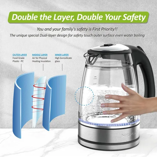 Miniatura 3 de NISVITU Hervidor eléctrico inalámbrico de vidrio y acero inoxidable para hervir agua, hervidor de agua caliente Hervidor eléctrico de té con apagado