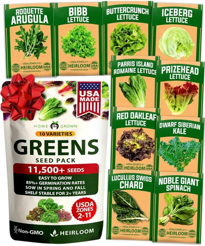 HOME GROWN Más de 11,500 semillas de lechuga de reliquia, 10 variedades que incluyen romaina, Buttercrunch, iceberg, col rizada y espinaca, semillas