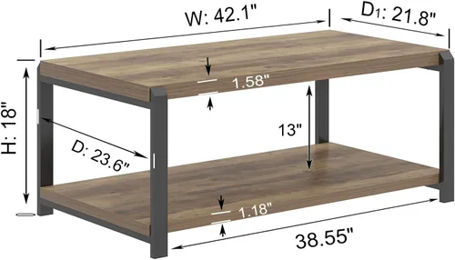 Miniatura 2 de EXCEFUR Mesa de Centro Moderna, Mesa Central de Madera Rústica y Metal para Sala de Estar, Mesa de Cóctel y Té Rectangular Industrial con Roble