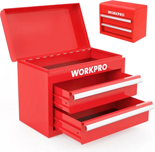 WORKPRO Mini caja de herramientas de metal con 2 cajones y almacenamiento superior, pequeña caja de herramientas con forros de PVC y almohadillas de