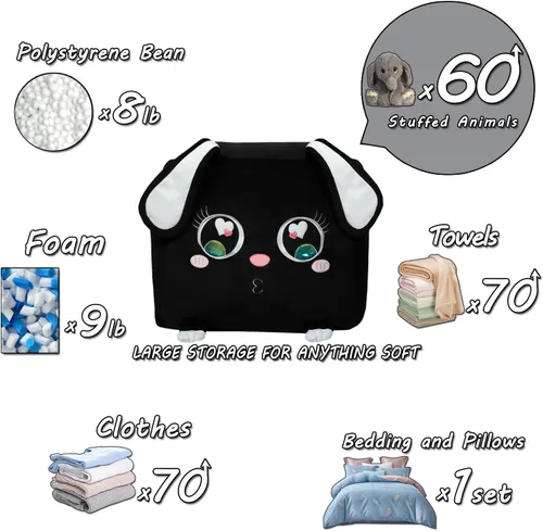 Miniatura 7 de Sillas de puf de conejo negro para organizador de habitación de niños, ideas de almacenamiento de animales de peluche, muebles de sala