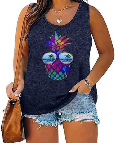 Camiseta sin mangas con estampado de piña hawaiana para mujer, talla grande, con estampado gráfico hawaiano, camiseta sin mangas para vacaciones