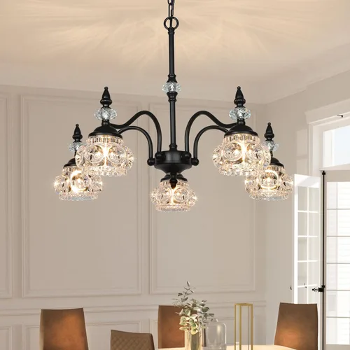 CNRATYE Candelabros vintage de cristal negro de 5 luces para comedor, candelabro victoriano antiguo, lámparas colgantes modernas de estilo granja