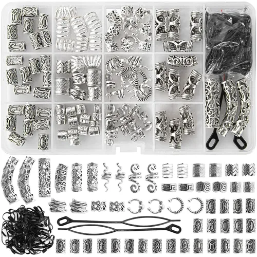 152 piezas de joyería de cabello vikingo con cuentas de runas nórdicas en tubo, clips de metal, puños, anillos, accesorios para trenzas, cuentas