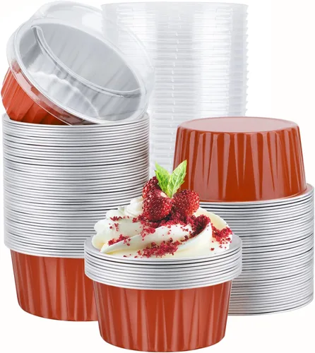 Miniatura 23 de EUSOAR Moldes de aluminio para magdalenas de varios colores, moldes de aluminio de 5 onzas para hornear, recipientes de postre con tapas, tazas de 5
