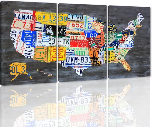 MAMAGO Lienzo decorativo para pared, diseño de mapa de Estados Unidos, 3 paneles, fondo de madera, mapa de Estados Unidos, imagen y póster, arte