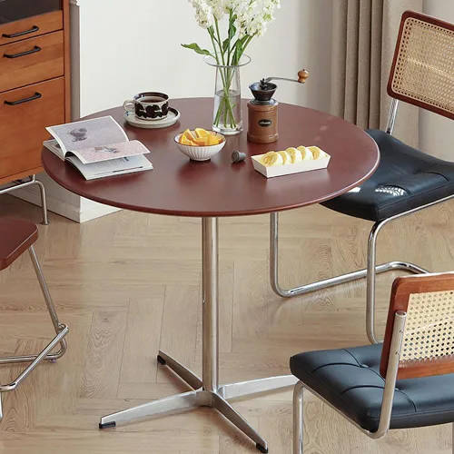 Miniatura 4 de Mesa de comedor redonda moderna de madera maciza con base de metal cruzada, mesa pequeña de madera marrón para oficina, mesa de centro pequeña