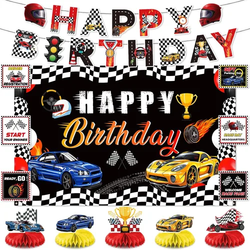 Kit de decoración de fiesta de cumpleaños de auto de carreras para niños, cartel de feliz cumpleaños, telón de fondo de carreras con temática de