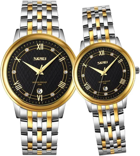 SKMEI Watches for Couples Men and Women His and Hers Pair Watch Set Husband Wife Valentines Matching Wedding Gifts Classic Stainless Luxry Business