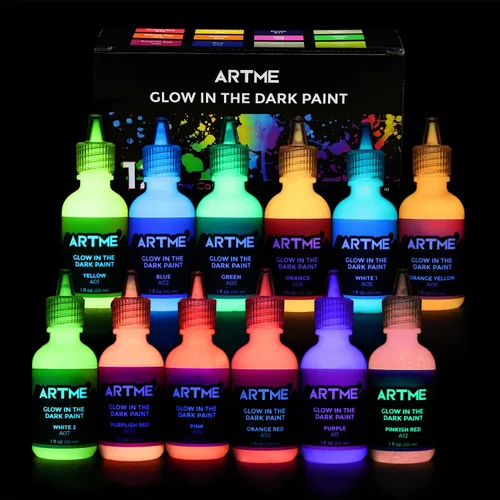 Artme Pintura que brilla en la oscuridad, juego de 12 colores brillantes de 1.0 fl oz/1 oz, fluorescente brillante de larga duración, perfecta para