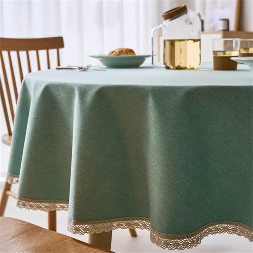 Miniatura 12 de Dimatic Mantel redondo con textura de lino con ribete de encaje, impermeable, a prueba de derrames, para decoración de mesa de cocina, comedor, Beige