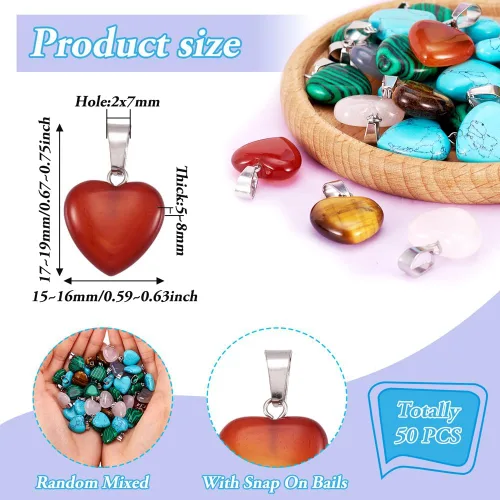 Miniatura 3 de 50 piezas de dijes de piedra en forma de corazón para curar chakras, cristales de gemas, encantos de roca para joyería, mezclados al azar, en masa