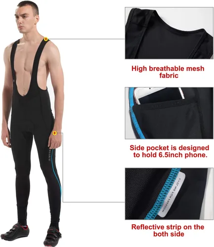 Miniatura 4 de Santic Mallas de ciclismo con peto para hombre, acolchadas, largas acolchadas con bolsillo