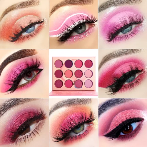 Miniatura 3 de Paleta de sombra de ojos rosa, 12 colores melocotón, mate y brillante, altamente pigmentada, rosa, mini paleta de sombra de ojos, cálida y natural