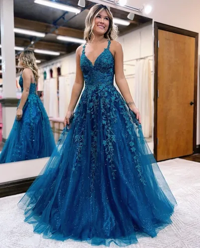 Miniatura 8 de Vestidos de graduación de tul con purpurina para mujer, cuello en V, apliques de encaje, vestidos largos de baile, tirantes delgados, vestido
