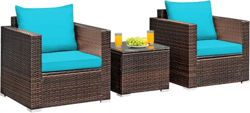 Miniatura 13 de COSTWAY Juego de muebles de patio de 3 piezas, sofá de mimbre para exteriores con cojines y mesa de centro con vidrio templado, juego moderno de Rojo